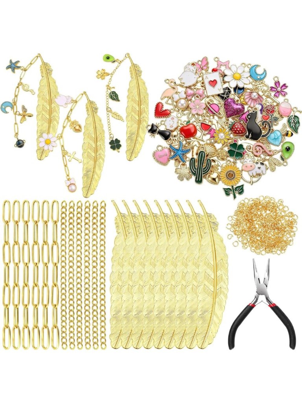 DIY Metal Charm Bookmark Making Kit - 250 Pieces, Feather Hook & Craft Supplies